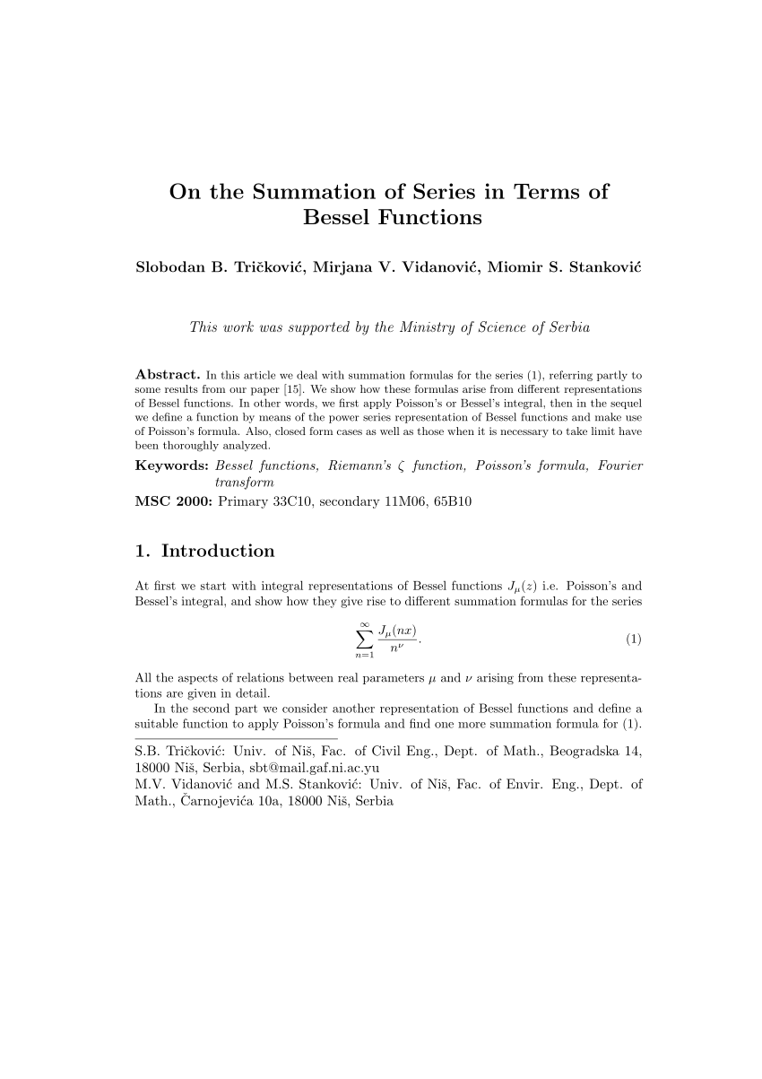 Pdf On The Summation Of Series In Terms Of Bessel Functions
