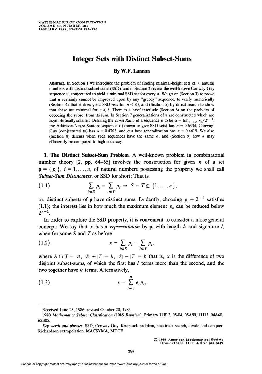 PDF) Integer Sets with Distinct Subset-Sums