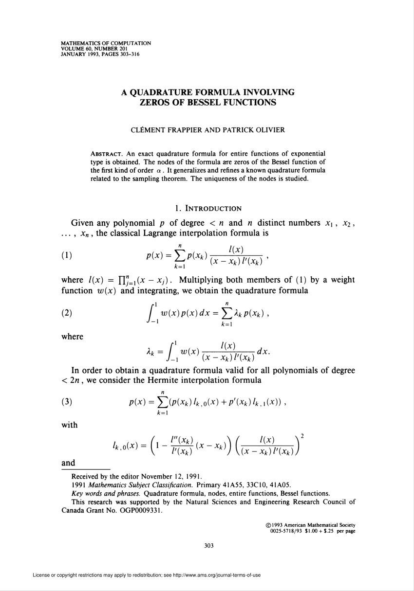 Pdf A Quadrature Formula Involving Zeros Of Bessel Functions