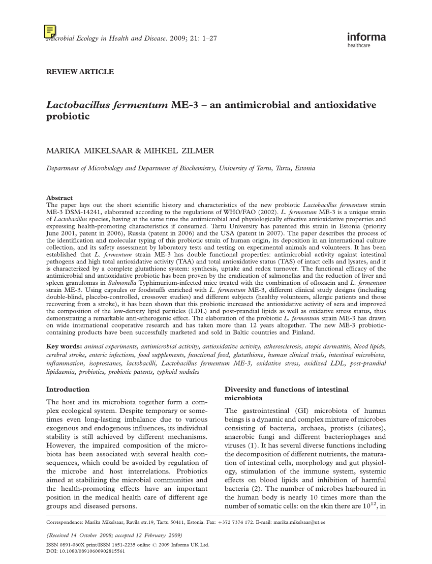 Pdf Lactobacillus Fermentum Me 3 An Antimicrobial And - 