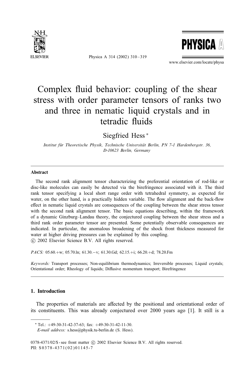 Pdf Complex Fluid Behavior Coupling Of The Shear Stress - 