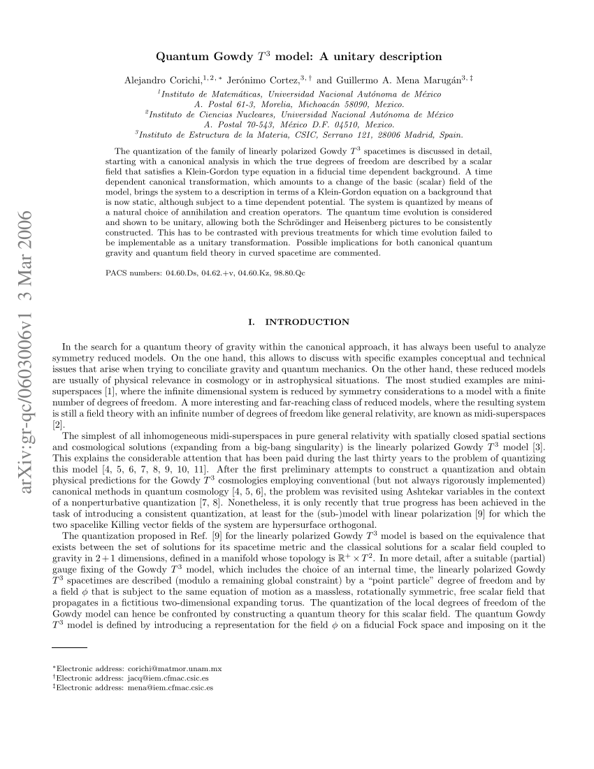 Pdf Quantum Gowdy T3 Model A Unitary Description