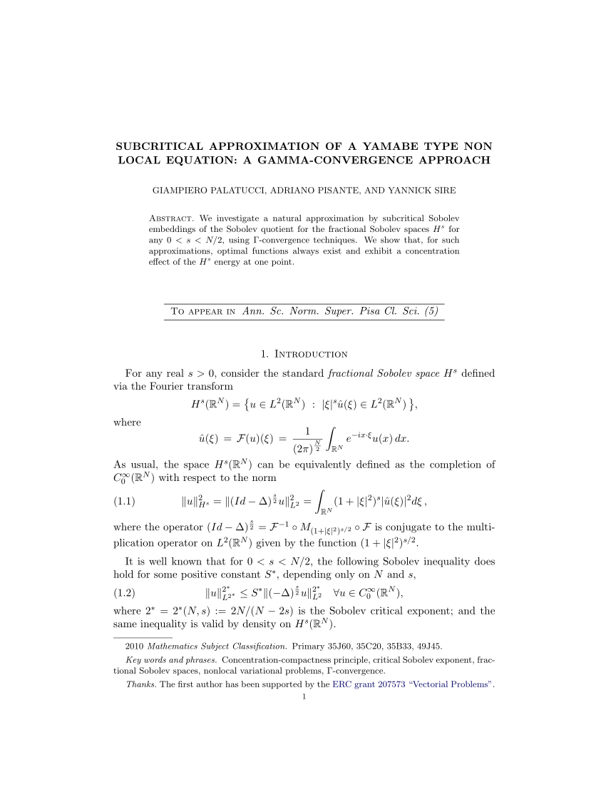 Pdf Subcritical Approximation Of A Yamabe Type Non Local Equation A Gamma Convergence Approach