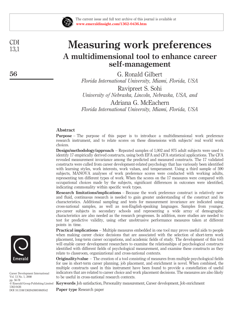 PDF) Measuring Work Preferences: Multidimensional Tool to Enhance Career Self Management