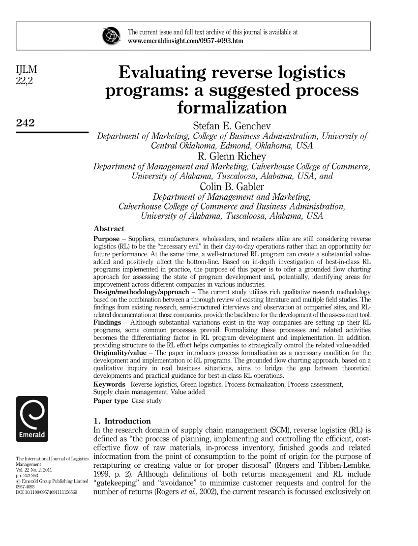 PDF) Evaluating reverse logistics programs: A suggested process  formalization