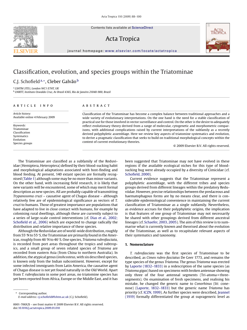 Pdf Schofield Cj Galvao C Classification Evolution And Species Groups Within The Triatominae Acta Trop 110 100