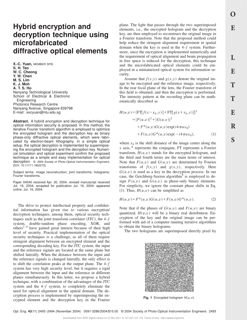Pdf Hybrid Encryption And Decryption Technique Using Microfabricated Diffractive Optical Elements