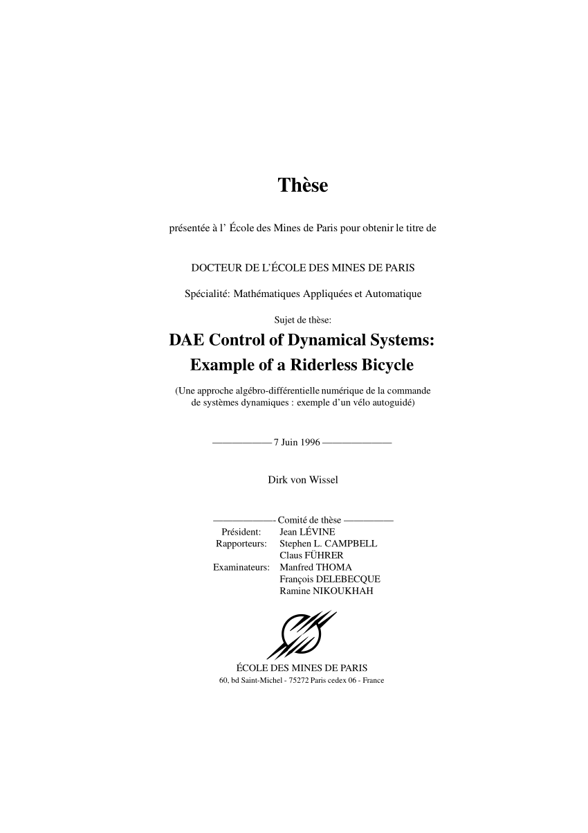 Pdf Dae Control Of Dynamical Systems Example Of A Riderless Bicycle