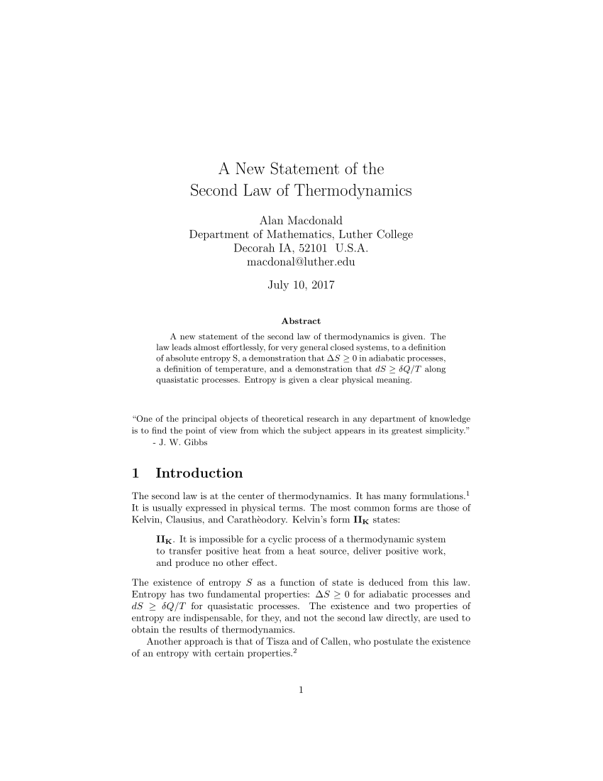 Pdf A New Statement Of The Second Law Of Thermodynamics
