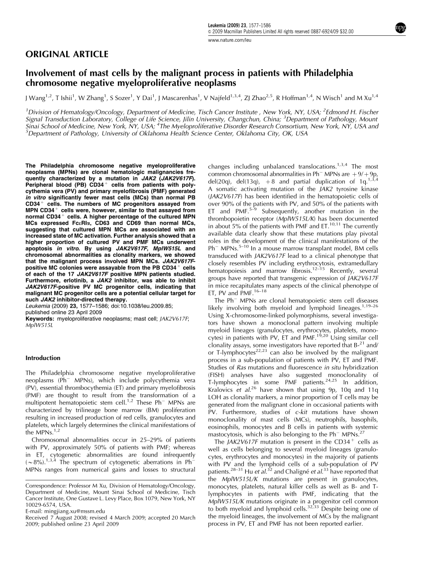 Pdf Involvement Of Mast Cells By The Malignant Process In Patients With Philadelphia Chromosome Negative Myeloproliferative Neoplasms