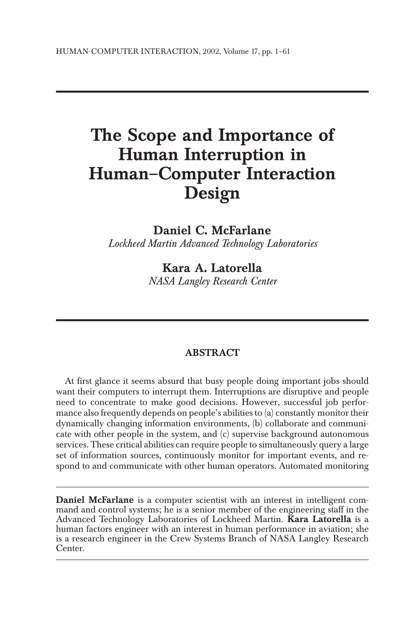 Pdf The Scope And Importance Of Human Interruption In Human Computer Interaction Design