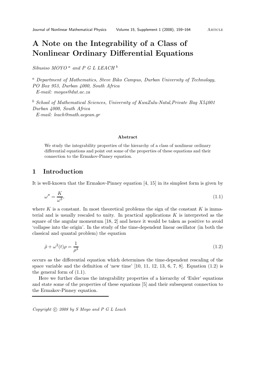 Pdf A Note On The Integrability Of A Class Of Nonlinear Ordinary Differential Equations