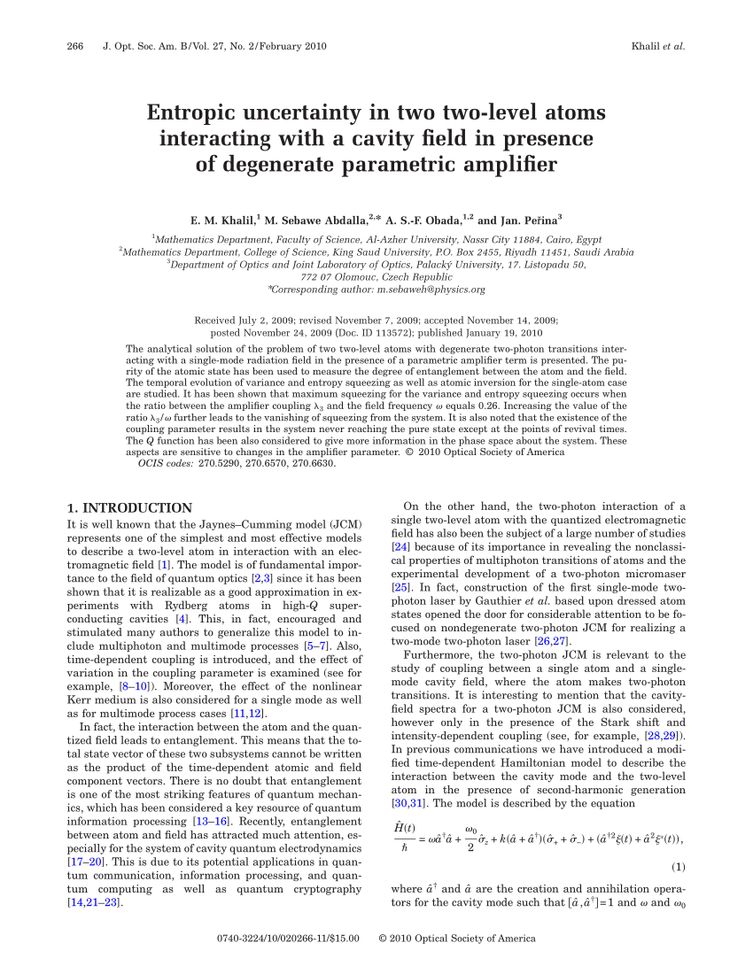 Pdf Entropic Uncertainty In Two Two Level Atoms Interacting With