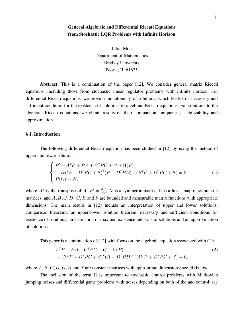 Pdf General Algebraic And Differential Riccati Equations From Stochastic Lqr Problems With Infinite Horizon