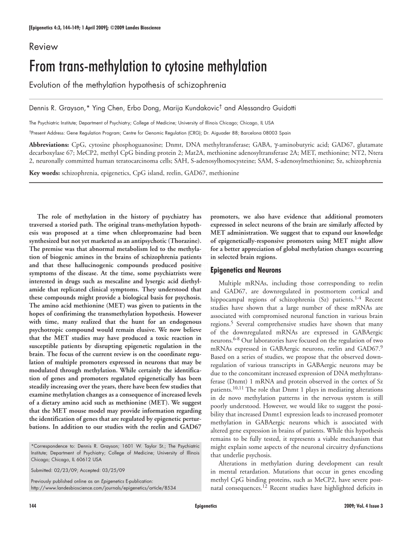 Pdf From Trans Methylation To Cytosine Methylation Evolution Of The Methylation Hypothesis Of Schizophrenia