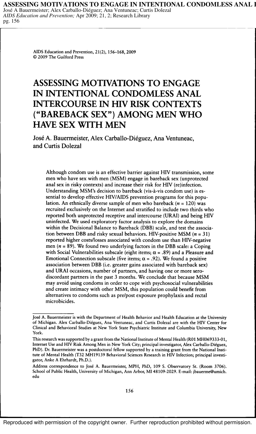 Pdf Assessing Motivations To Engage In Intentional Condomless Anal Intercourse In Hiv Risk 
