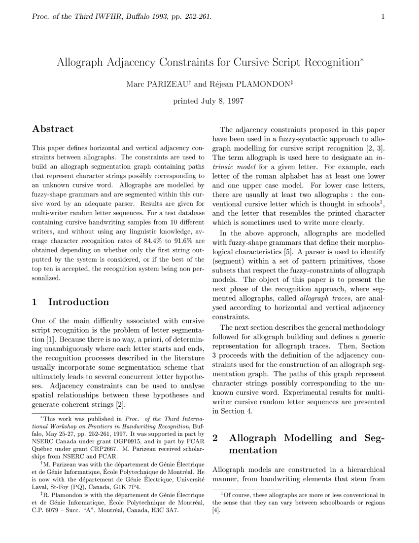 PDF) Allograph Adjacency Constraints for Cursive Script Recognition
