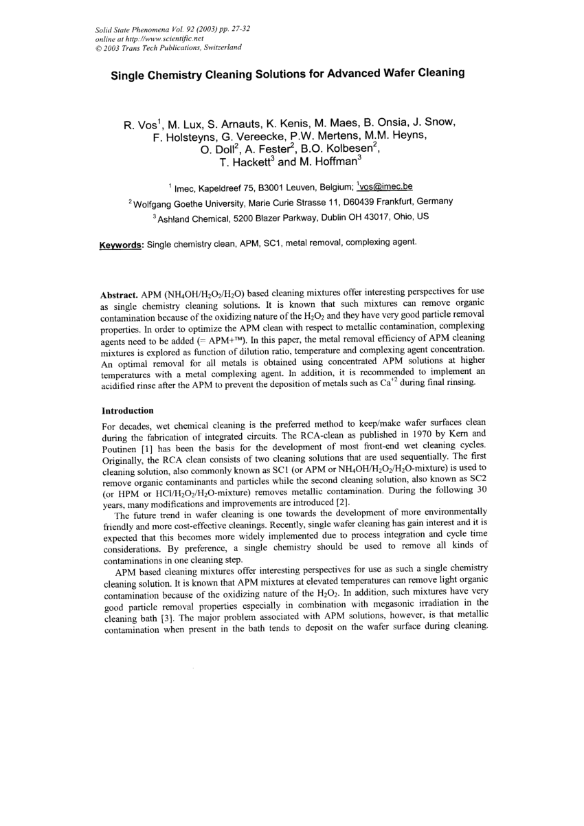 PDF Single Chemistry Cleaning Solution for Advanced Wafer Cleaning