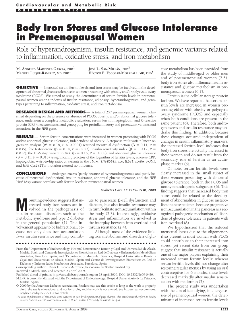 Pdf Body Iron Stores And Glucose Intolerance In Premenopausal Women Role Of Hyperandrogenism 2853