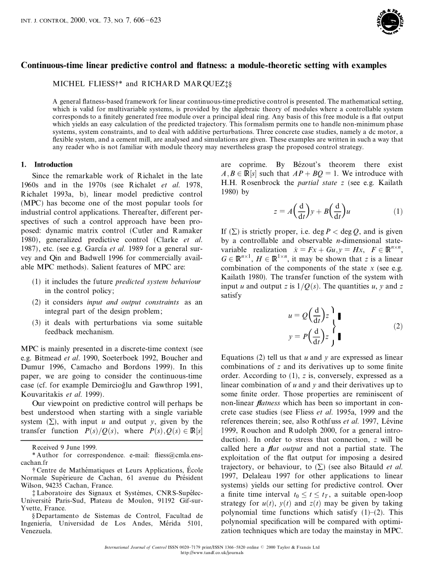 Pdf Continuous Time Linear Predictive Control And Flatness A Module Theoretic Setting With Examples