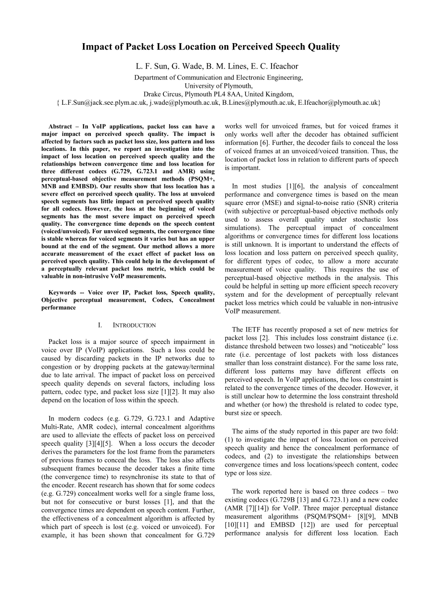 Pdf Impact Of Packet Loss Location On Perceived Speech Quality