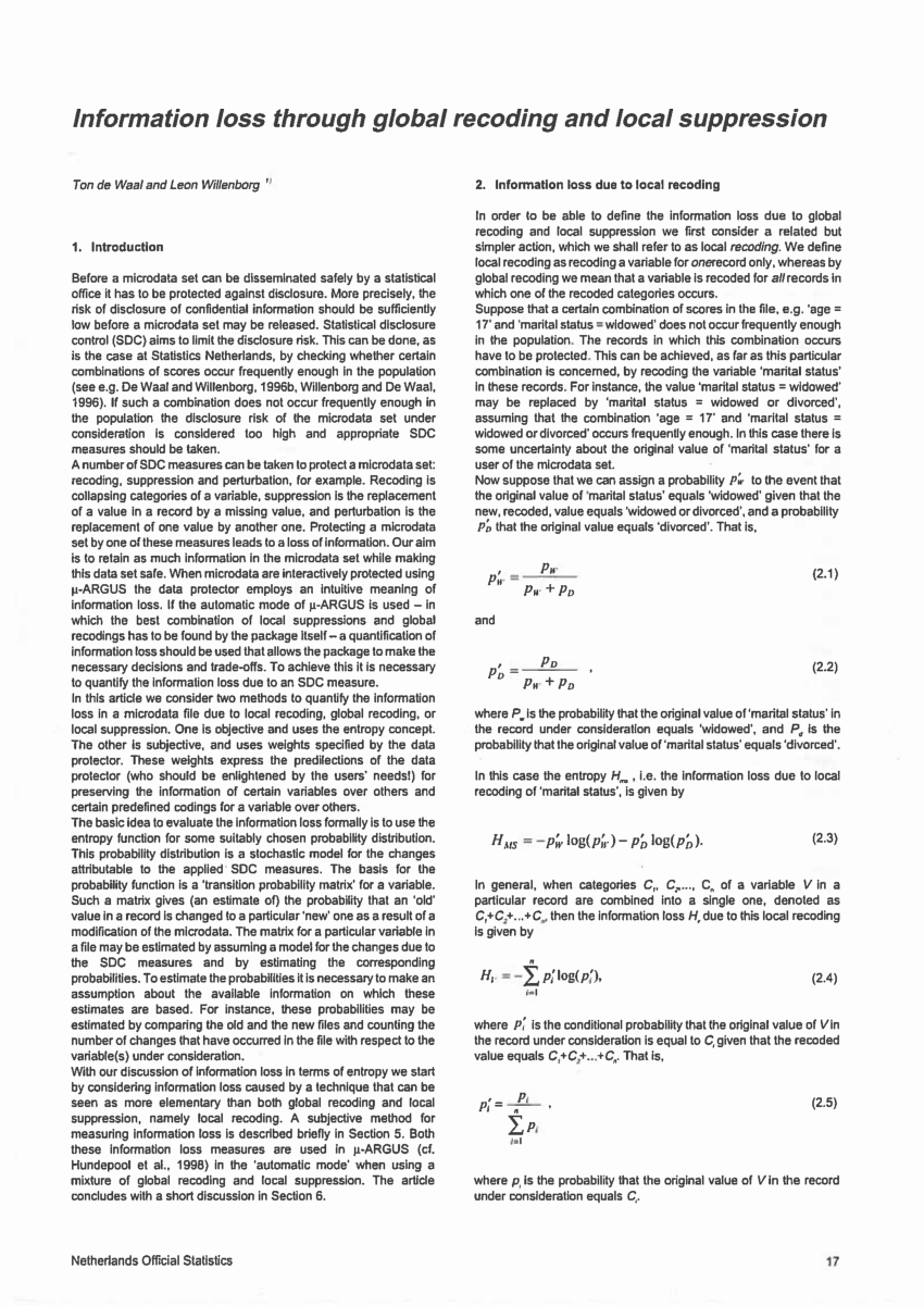 PDF) Information loss through global recoding and local suppression