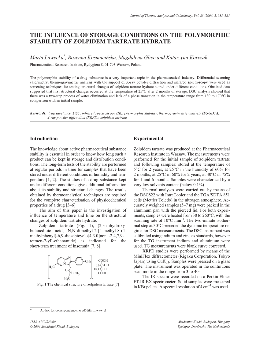 Pdf Theinfluence Of Storage Conditions On The Polymorphic Stability Of Zolpidem Tartratehydrate