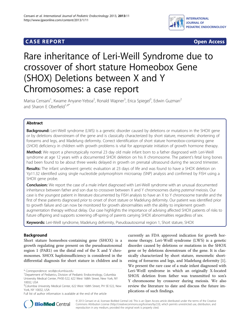 Pdf Rare Inheritance Of Leri Weill Syndrome Due To Crossover Of Short