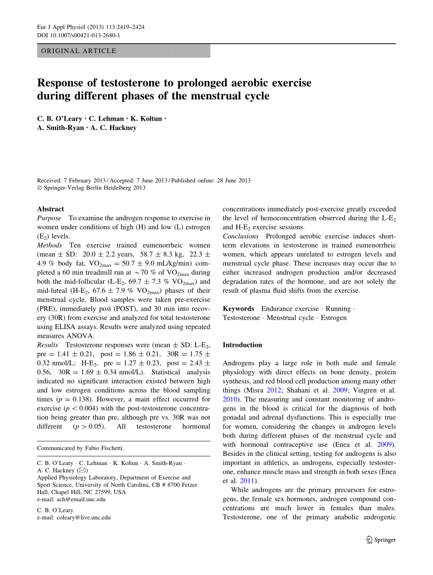 Pdf Response Of Testosterone To Prolonged Aerobic Exercise During Different Phases Of The Menstrual Cycle