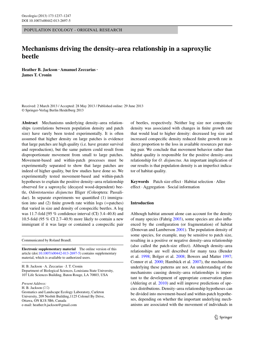 PDF) Mechanisms driving the density-area relationship in a saproxylic beetle