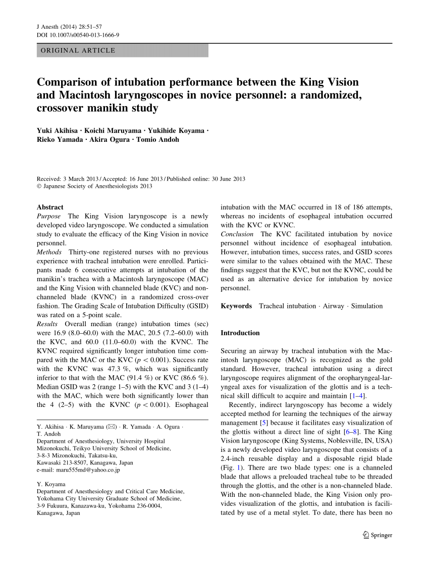 Pdf Comparison Of Intubation Performance Between The King Vision And Macintosh Laryngoscopes In Novice Personnel A Randomized Crossover Manikin Study
