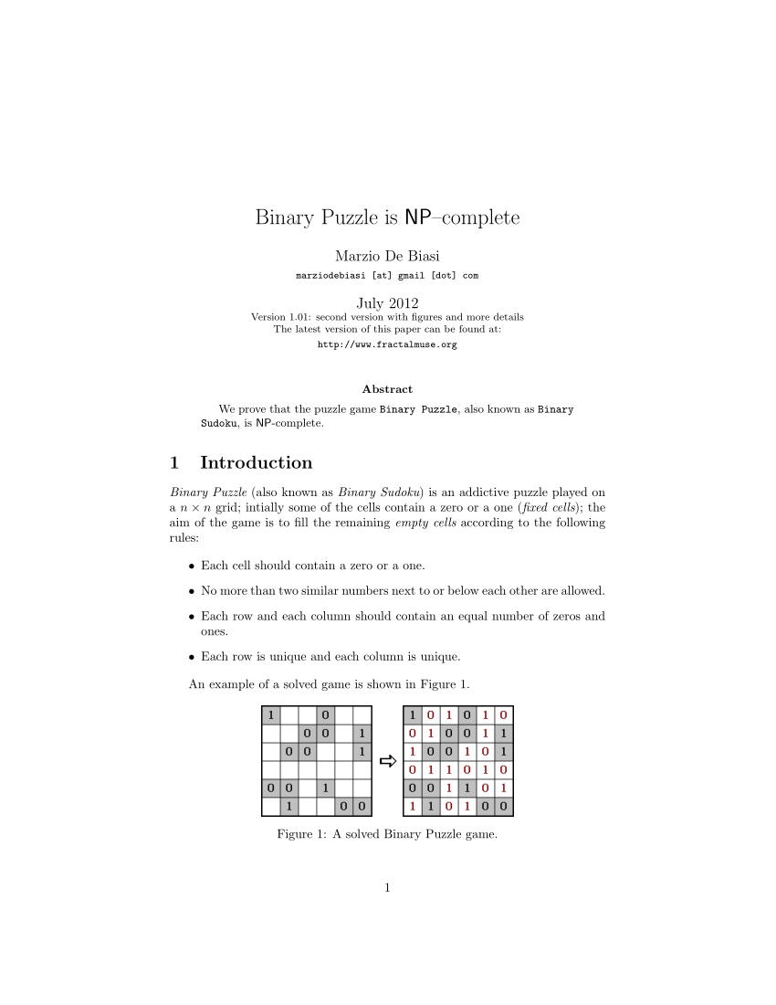 Binary Puzzle Answers