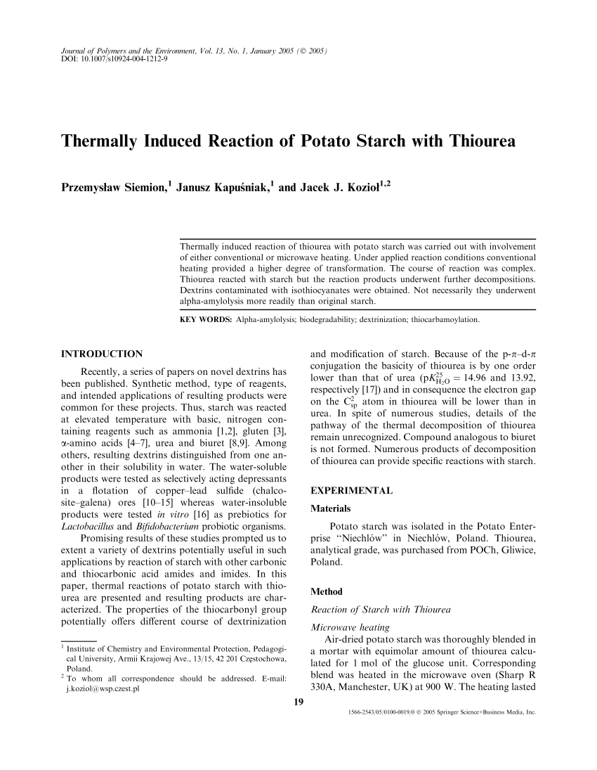 (PDF) Thermally Induced Reaction of Potato Starch with Thiourea