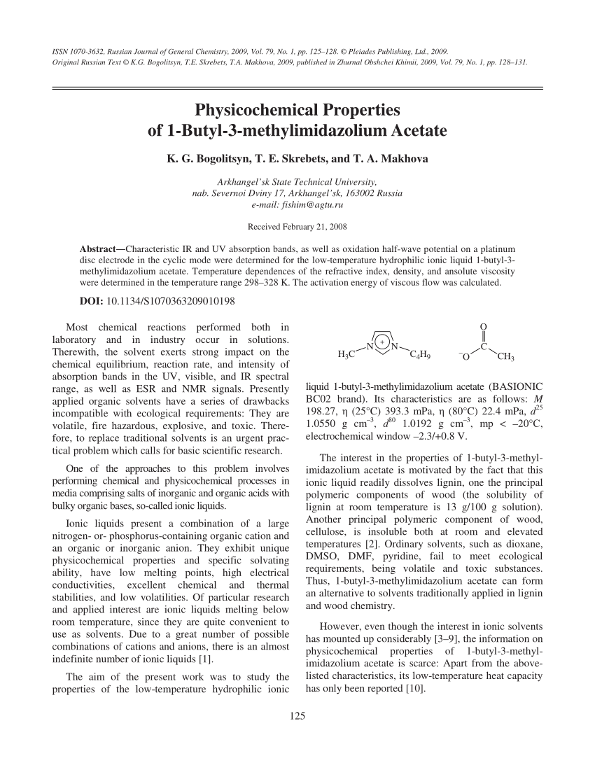 Pdf Physicochemical Properties Of 1 Butyl 3 Methylimidazolium Acetate
