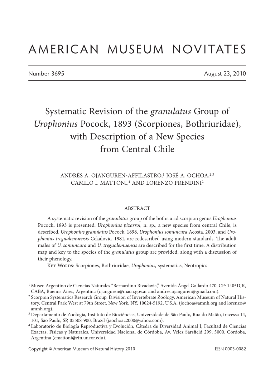Pdf Systematic Revision Of The Granulatus Group Of Urophonius Pocock 13 Scorpiones Bothriuridae With Description Of A New Species From Central Chile