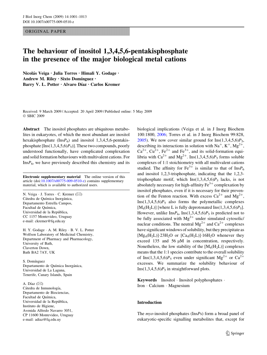 Pdf The Behaviour Of Inositol 1 3 4 5 6 Pentakisphosphate In The Presence Of The Major Biological Metal Cations