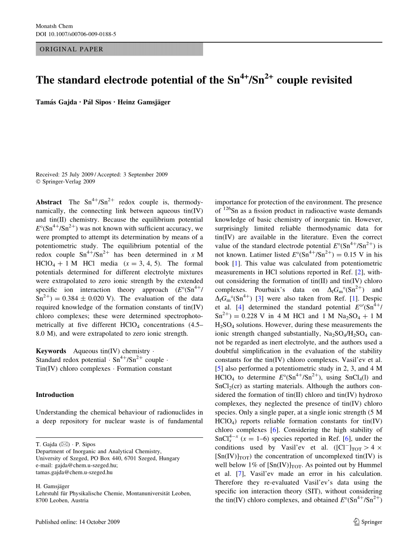 Pdf The Standard Electrode Potential Of The Sn4 Sn2 Couple Revisited