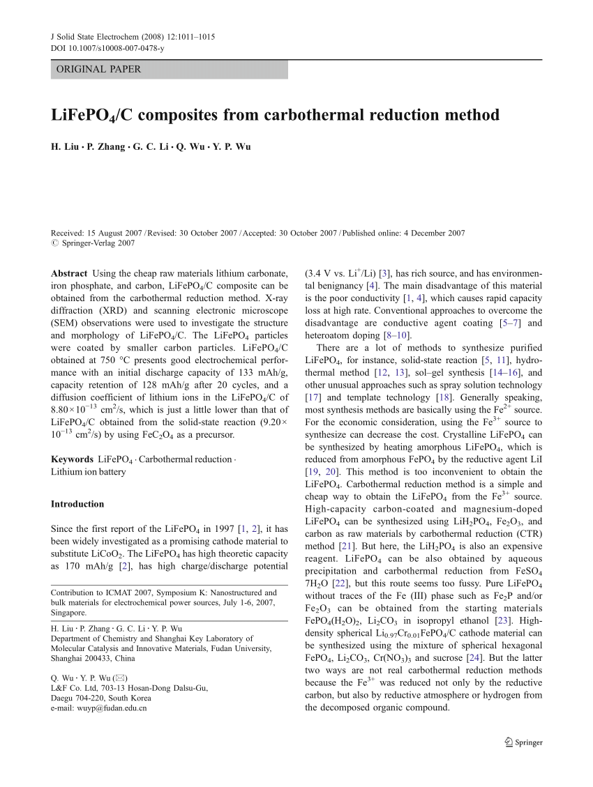 PDF) LiFePO 4 /C composites from carbothermal reduction method