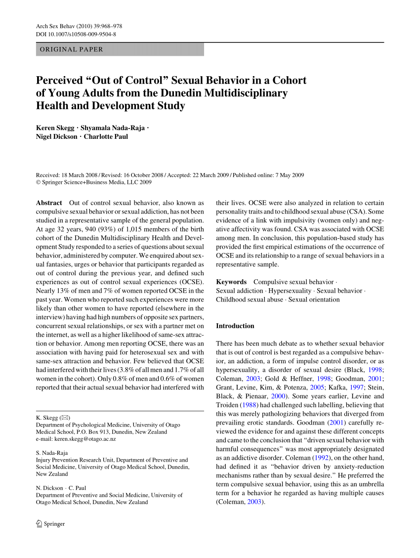 PDF Perceived Out of Control Sexual Behavior in a Cohort of