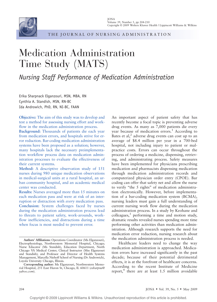 Pdf Medication Administration Time Study Mats Nursing Staff