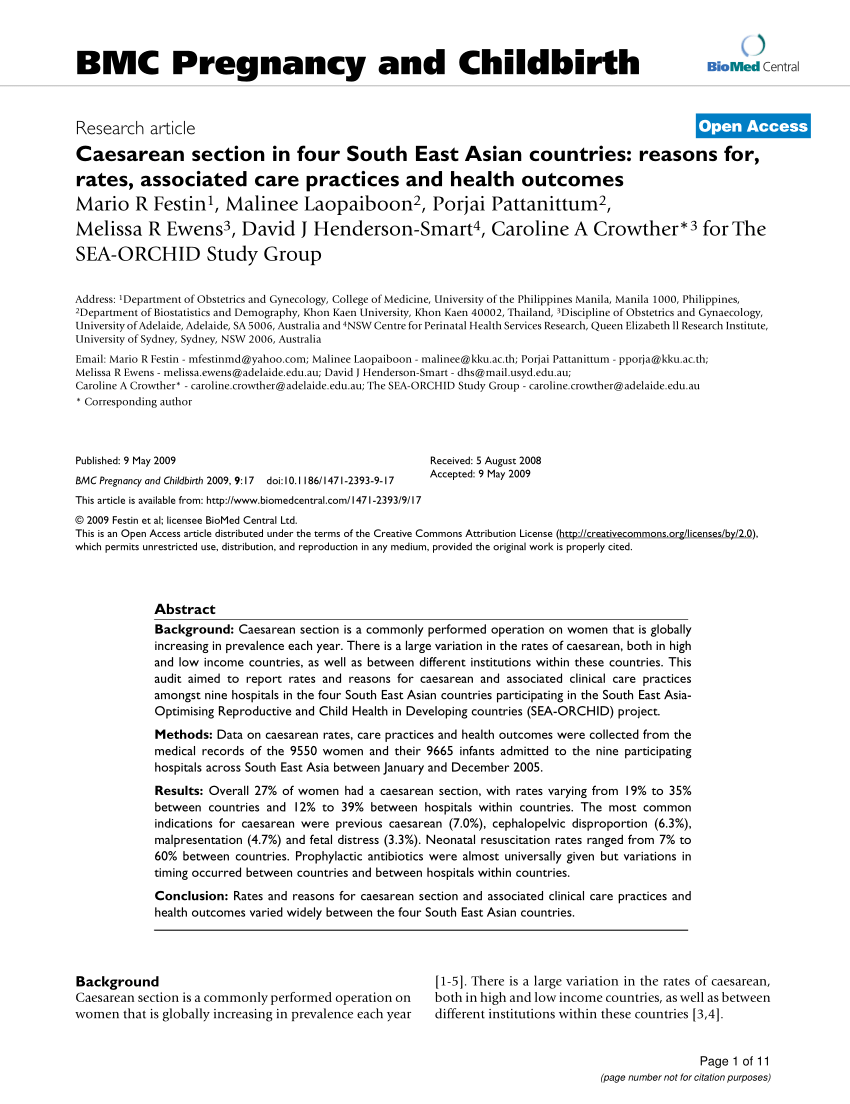 Pdf Caesarean Section In Four South East Asian Countries Reasons For Rates Associated Care Practices And Health Outcomes