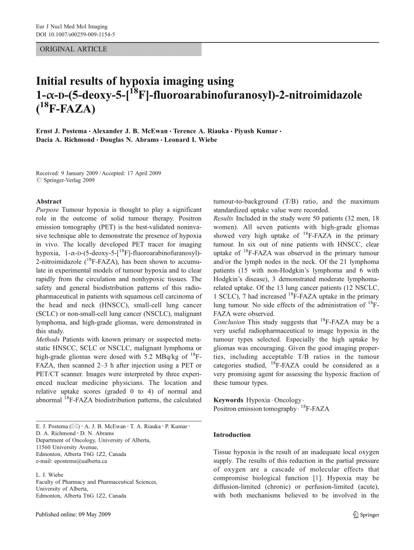 Pdf Initial Results Of Hypoxia Imaging Using 1 Alpha D 5 Deoxy 5 18f Fluoroarabinofuranosyl 2 Nitroimidazole 18f Faza