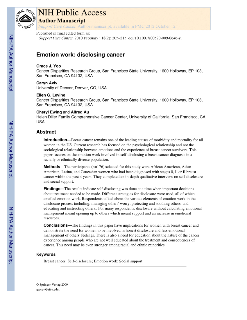 PDF) Emotion work: Disclosing cancer