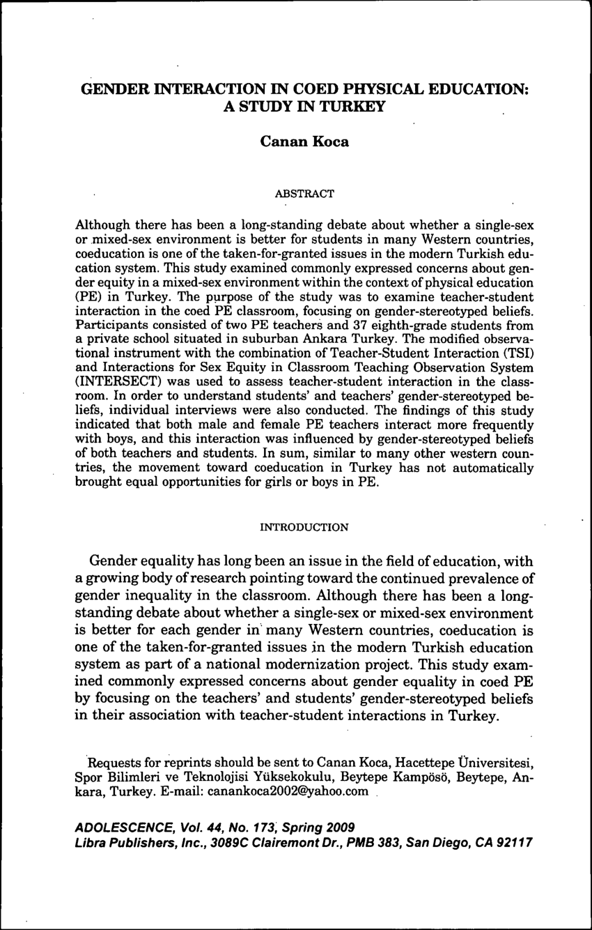 PDF) Gender interaction in coed physical education: A study in Turkey