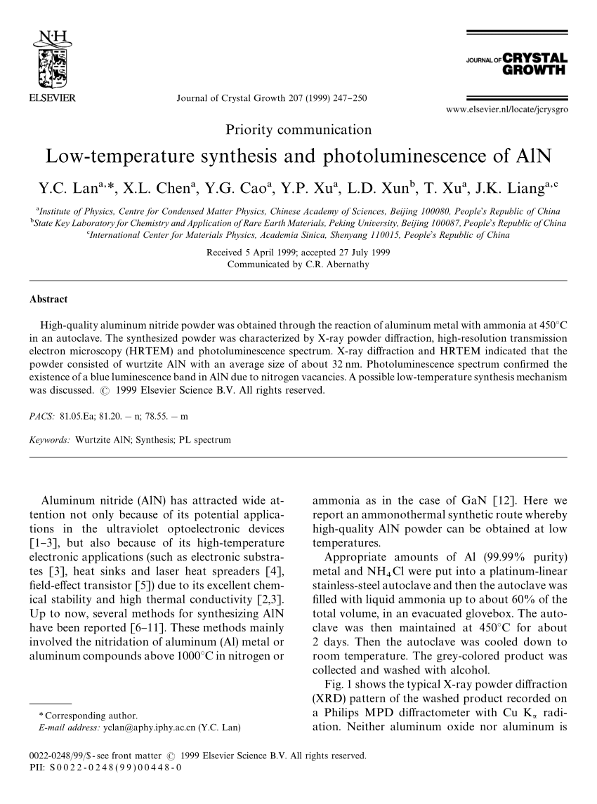 Pdf Low Temperature Synthesis And Photoluminescence Of Aln