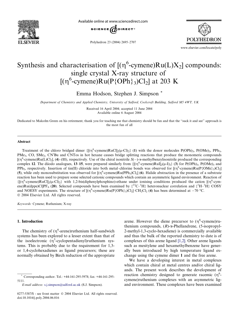 Pdf Synthesis And Characterisation Of H 6 Cymene Ru L X 2 Compounds Single Crystal X Ray Structure Of H 6 Cymene Ru P Oph 3 Cl 2 At 3 K