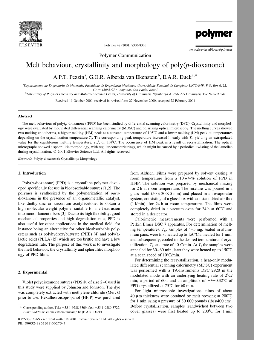 Pdf Melt Behaviour Crystallinity And Morphology Of Poly P Dioxanone