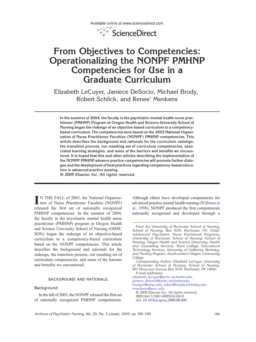 pdf  from objectives to competencies  operationalizing the nonpf pmhnp competencies for use in