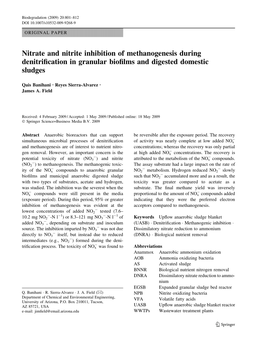 Pdf Nitrate And Nitrite Inhibition Of Methanogenesis During Denitrification In Granular Biofilms And Digested Domestic Sludges