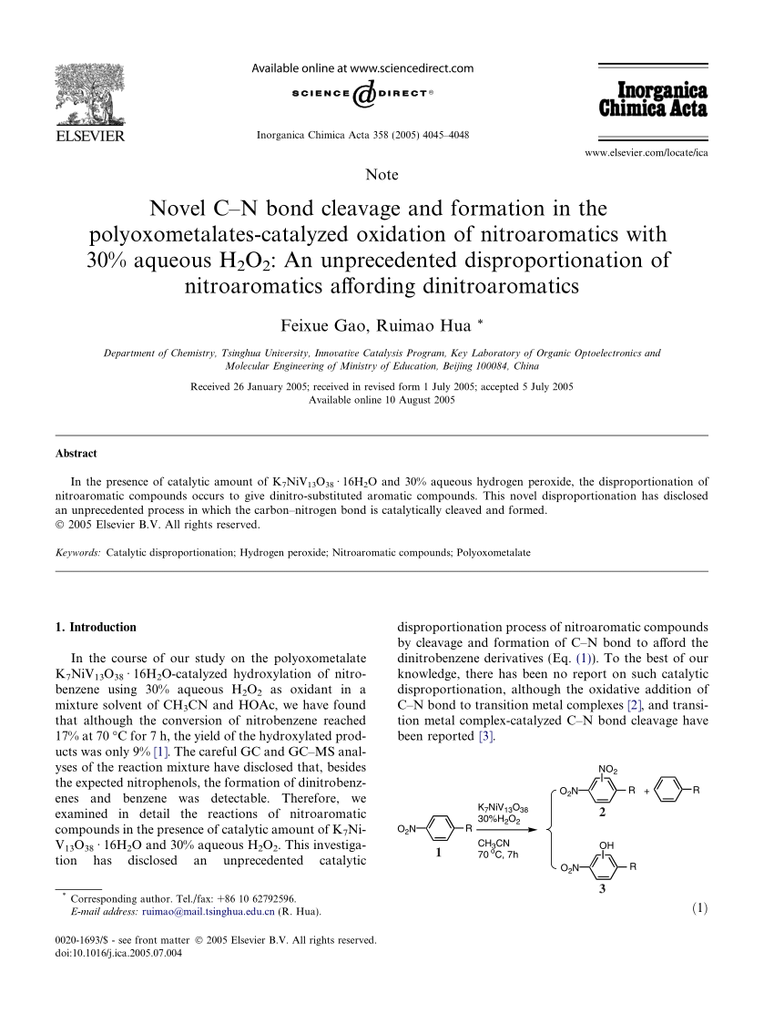 Pdf Novel C N Bond Cleavage And Formation In The Polyoxometalates Catalyzed Oxidation Of Nitroaromatics With 30 Aqueous H 2o 2 An Unprecedented Disproportionation Of Nitroaromatics Affording Dinitroaromatics